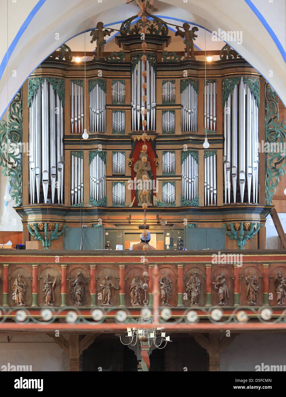 View of the organ in the protestant church 'Sankt Marien' in Gardelegen,  Germany, 26 March 2013. Organ builders are fighting mould formation in the  organ with its 1,398 pipes. Photo: Jens Wolf