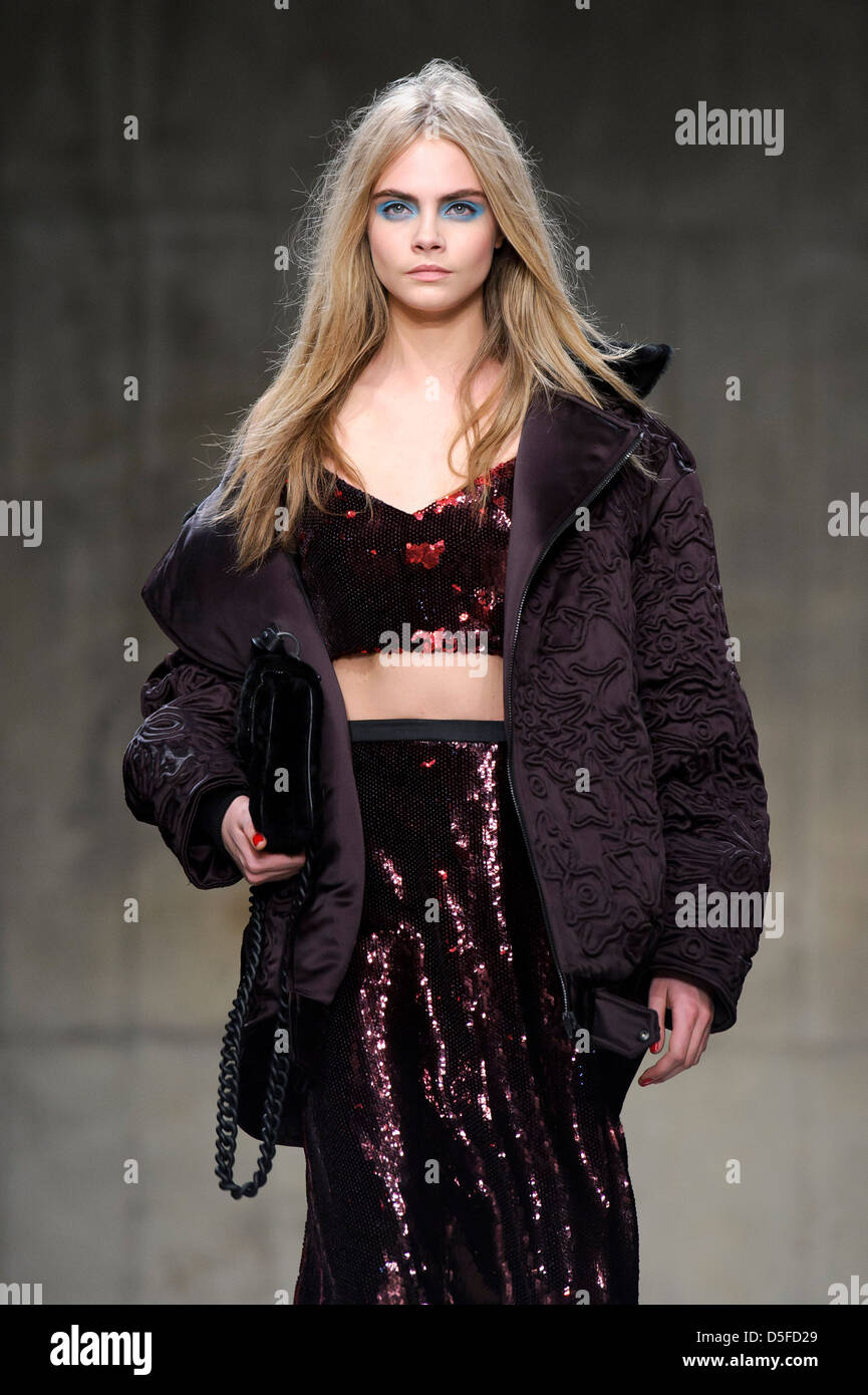 British model Cara Delevingne at the Unique collection during London Fashion Week. Stock Photo