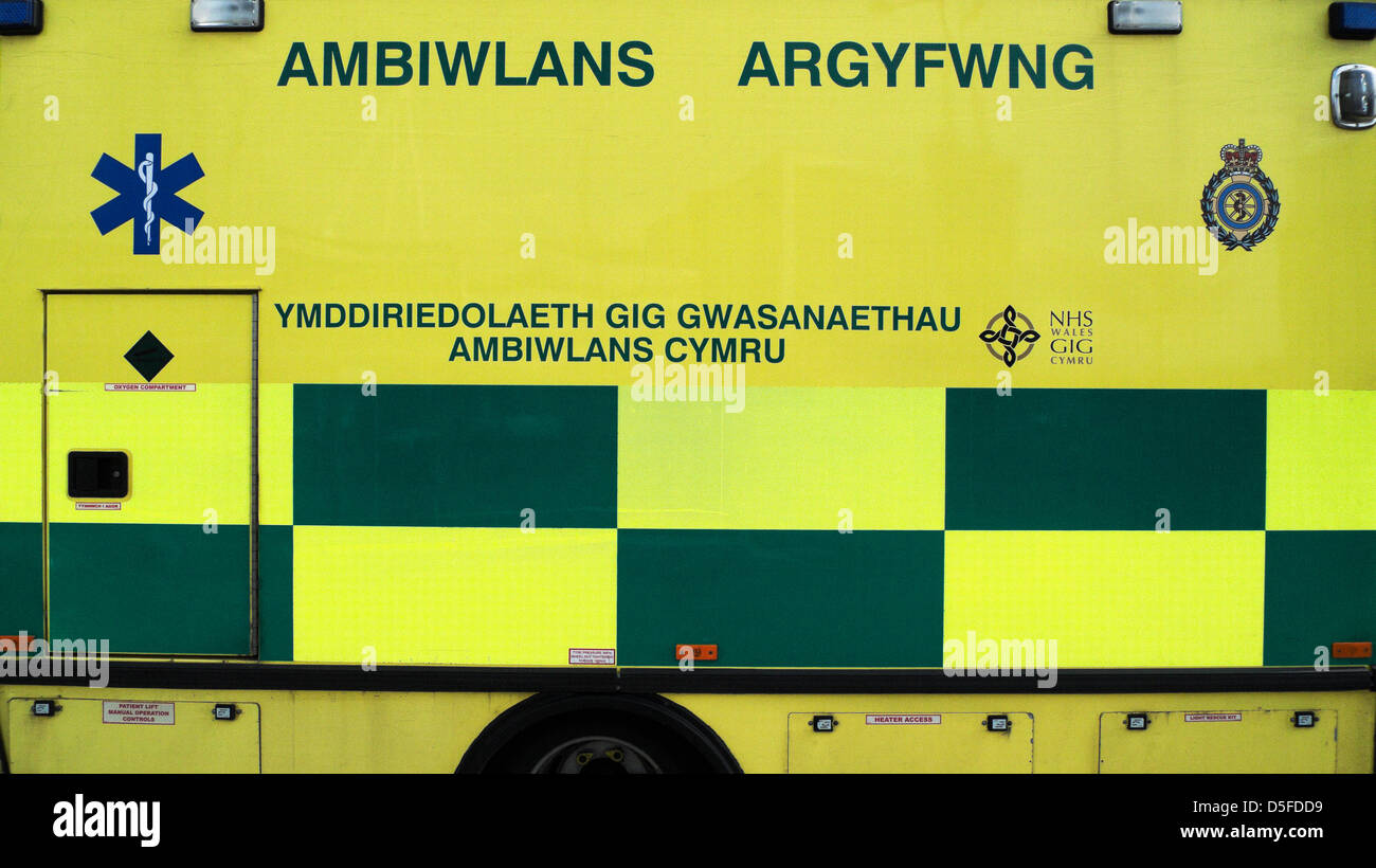 Welsh NHS ambulance sign and logo in the Welsh language Ambiwlans Cardiff Stock Photo