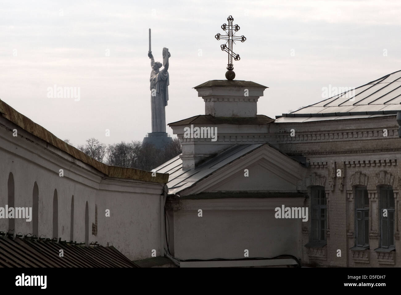 Cathedral Dormition Kyivo-Pechers'ka Lavra monastery & The Monument of the Motherland, Kiev, Kyiv, Ukraine Stock Photo