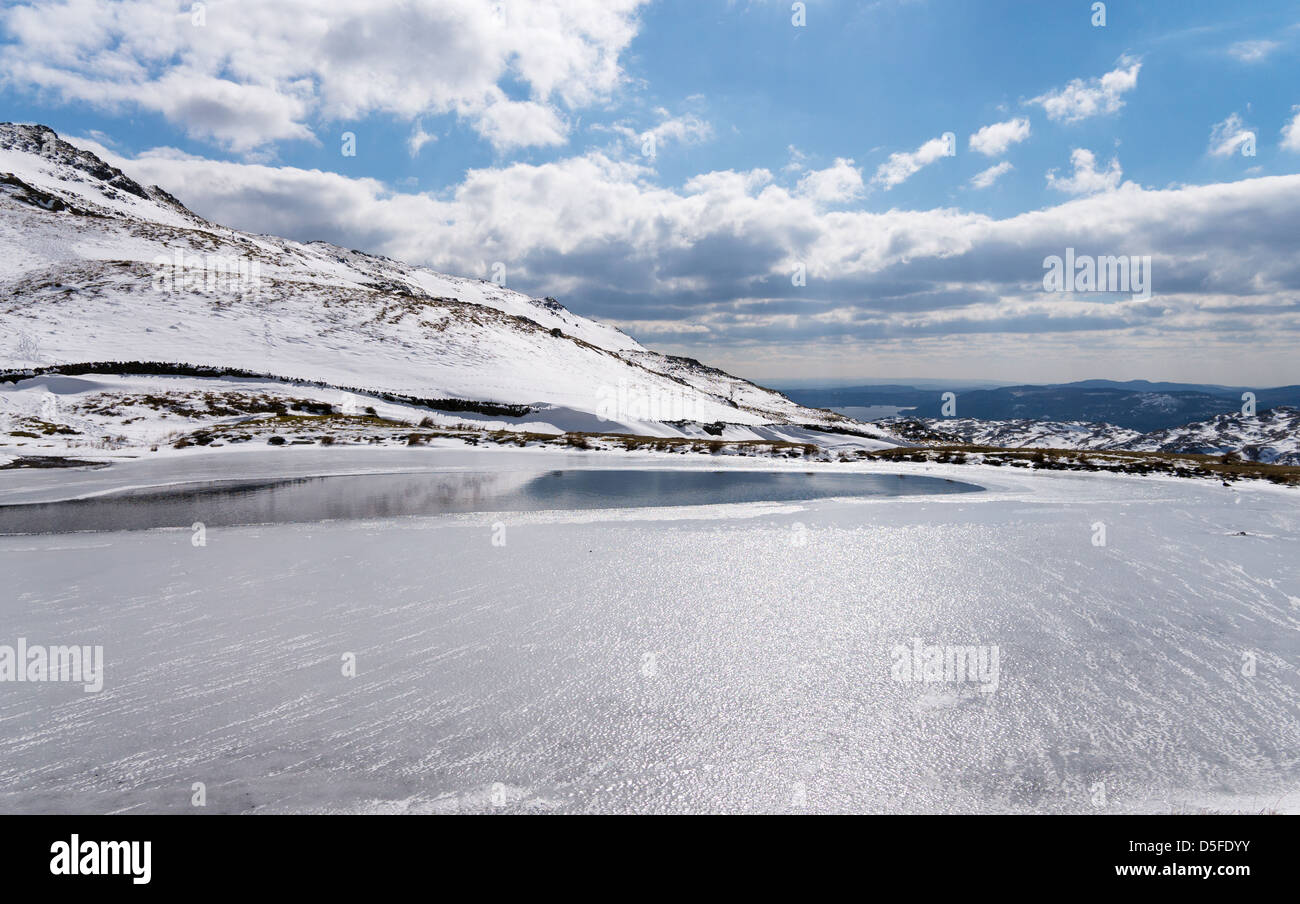 Alcock Tarn partially frozen near Grasmere Lake District Cumbria England UK Stock Photo