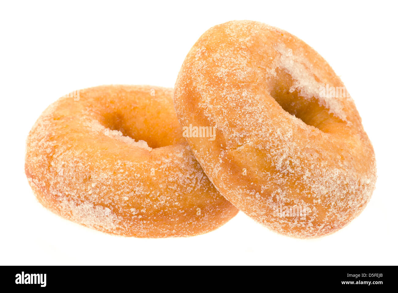 Two sugar coated ring donuts - studio shot with a white background Stock Photo
