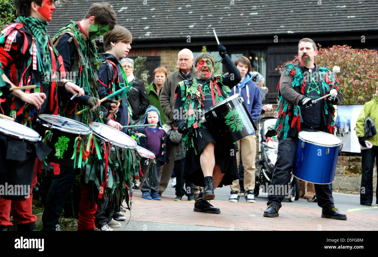 Brighton Sussex UK 1st April 2013 - The Pentacle Drummers entertain the crowds at the annual Bolney Pram Race in Sussex today . The traditional Easter Bank Holiday Monday event raises thousands of pounds for local charities Stock Photo