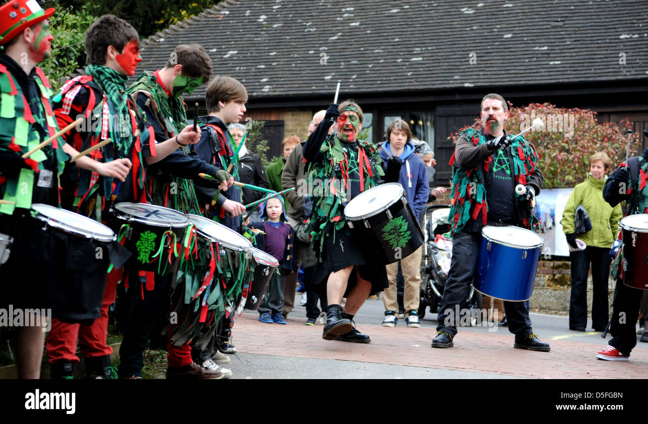 Brighton Sussex UK 1st April 2013 - The Pentacle Drummers entertain the crowds at the annual Bolney Pram Race in Sussex today . The traditional Easter Bank Holiday Monday event raises thousands of pounds for local charities Stock Photo