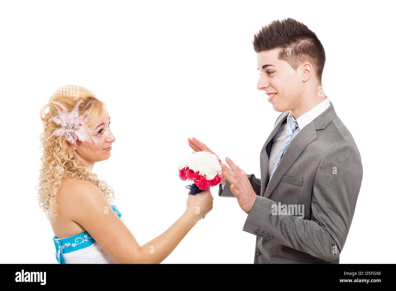 Young woman proposing with bouquet, isolated on white background Stock Photo