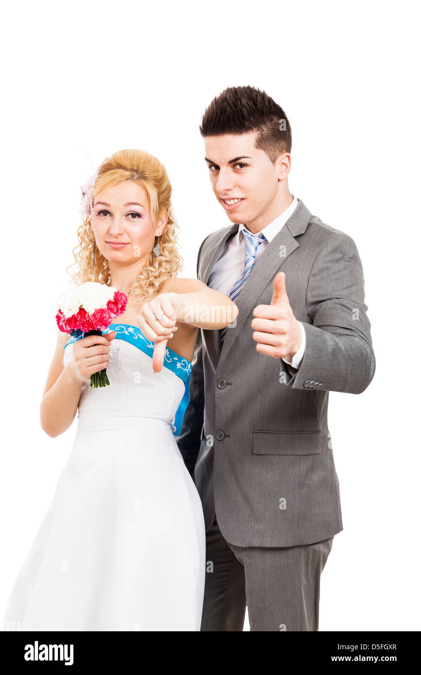Portrait of unhappy bride and happy groom, isolated on white background Stock Photo
