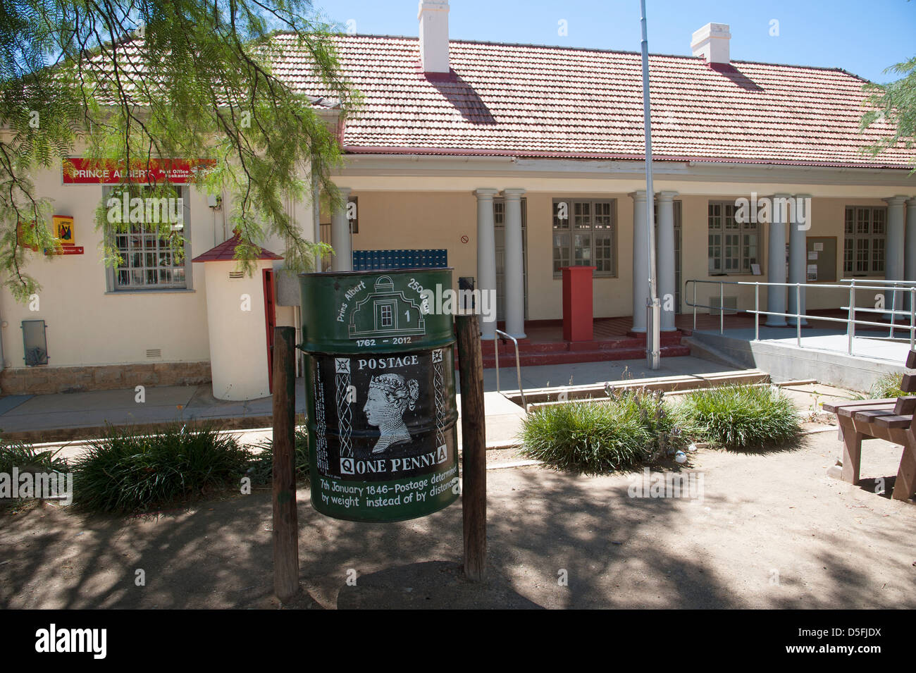 Post Office & hand painted stamp on a litter bin in the Karoo town of