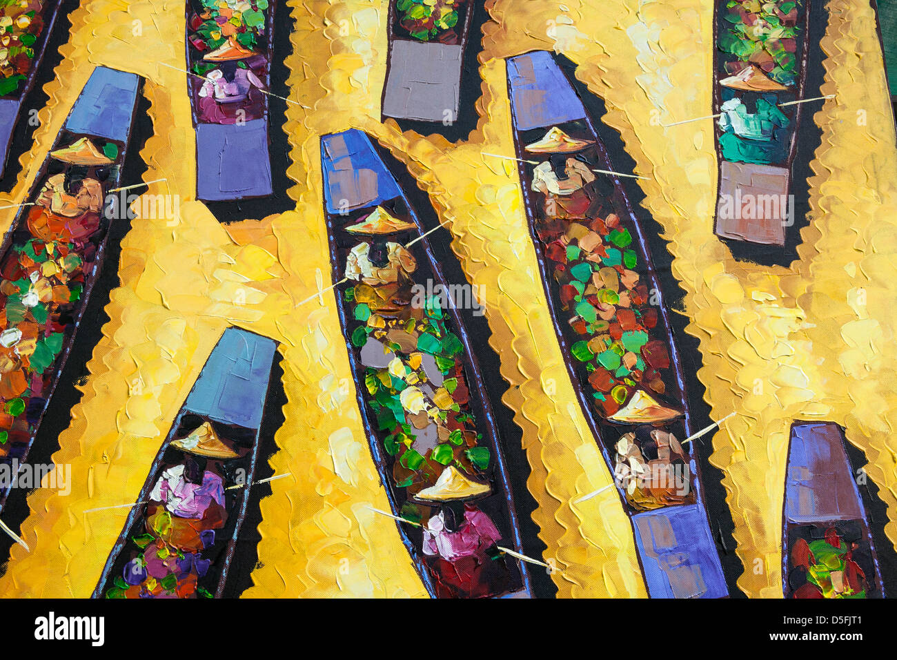 ミャンマーの水上マーケット（油絵） Burmese boat painting hi-res