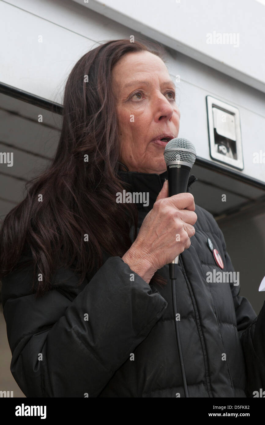 Aldermaston, UK. 1st April, 2013.  Fashion designer Katharine Hamnett, delivers an address at campaign for Nuclear Disarmament (CND) protest at the Atomic Weapons Establishment (AWE) site at Aldermaston, Berkshire. CND aim to highlight their opposition to Britain's Trident nuclear weapons system and plans to replace it. Credit: Martyn Wheatley/Alamy Live News Stock Photo
