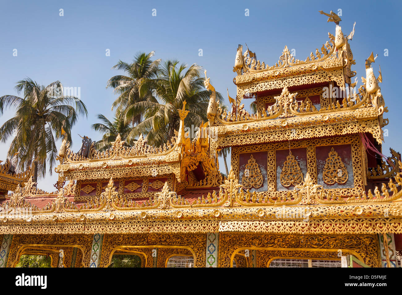 Ornate roof at Botataung Pagoda, Buddha’s First Sacred Hair Relic Pagoda, Yangon (Rangoon), Myanmar, (Burma) Stock Photo
