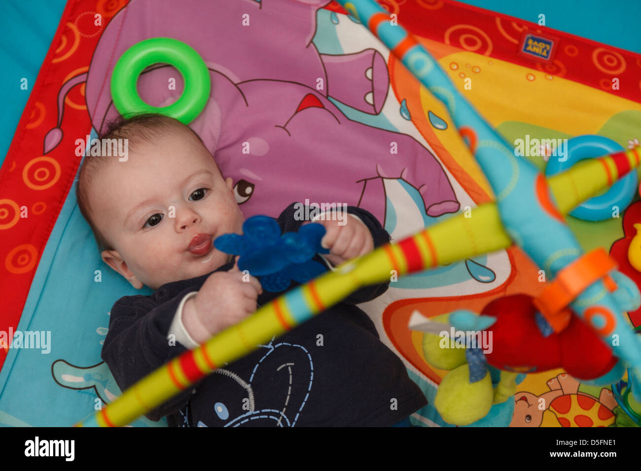 Five month's baby with toys on a colorful mattress. Stock Photo