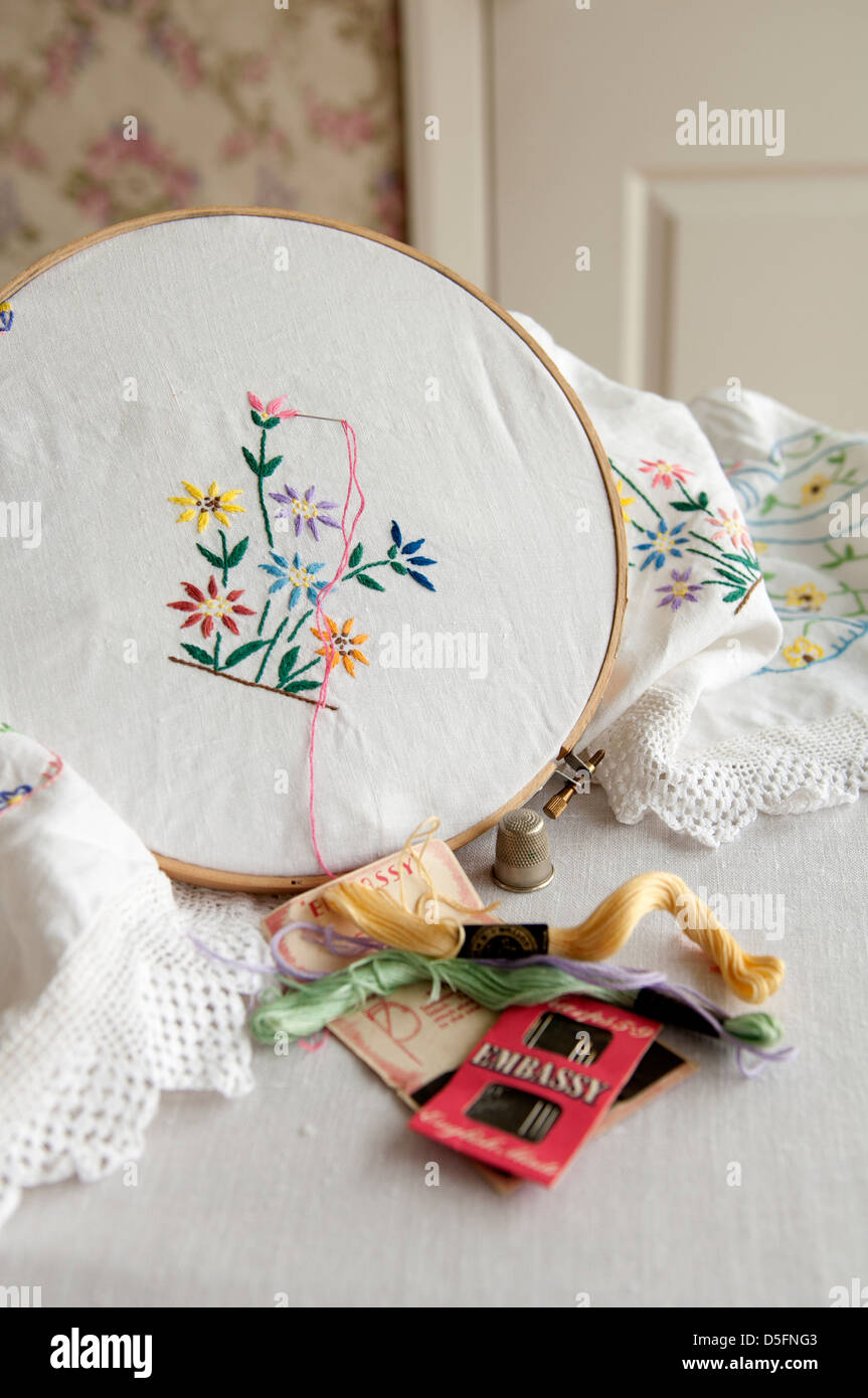 Hand embroidery using an embroidery ring Stock Photo Alamy