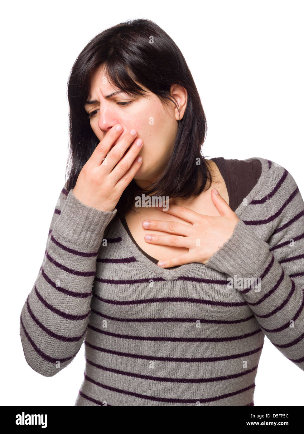 Young woman coughing isolated on white background - coronavirus corona virus Stock Photo