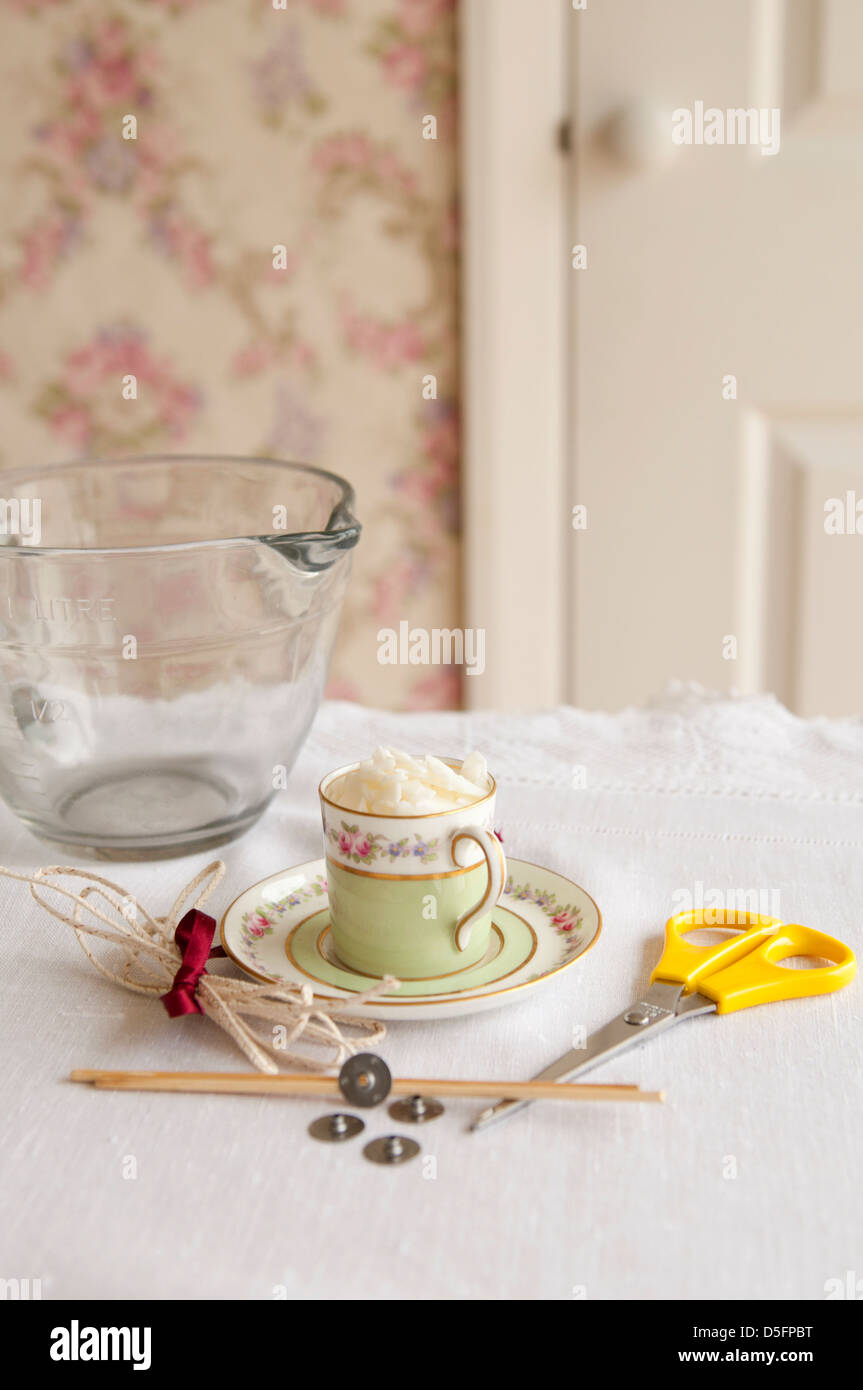 Tea cup candle making equipment stepbystep 1 Stock Photo Alamy