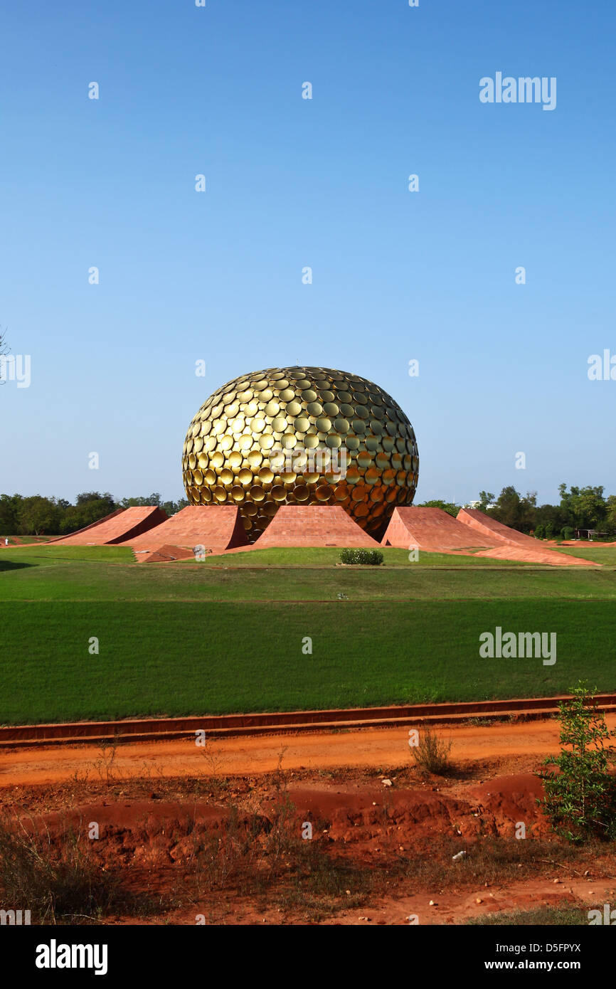 Auroville Matrimandir in Tamil Nadu. Stock Photo