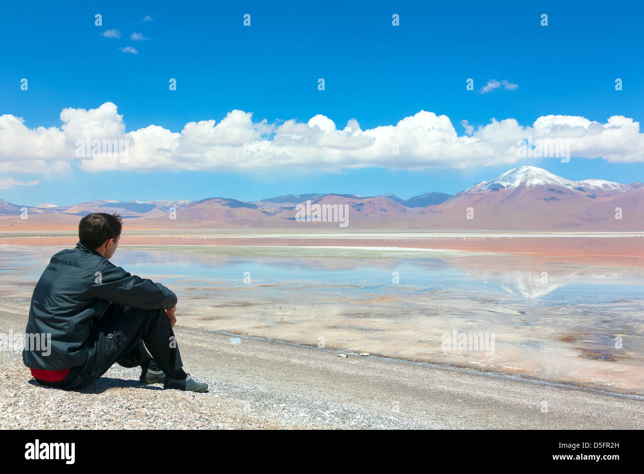 Man sitting alone on the shore of Laguna Colorada, Bolivia Stock Photo