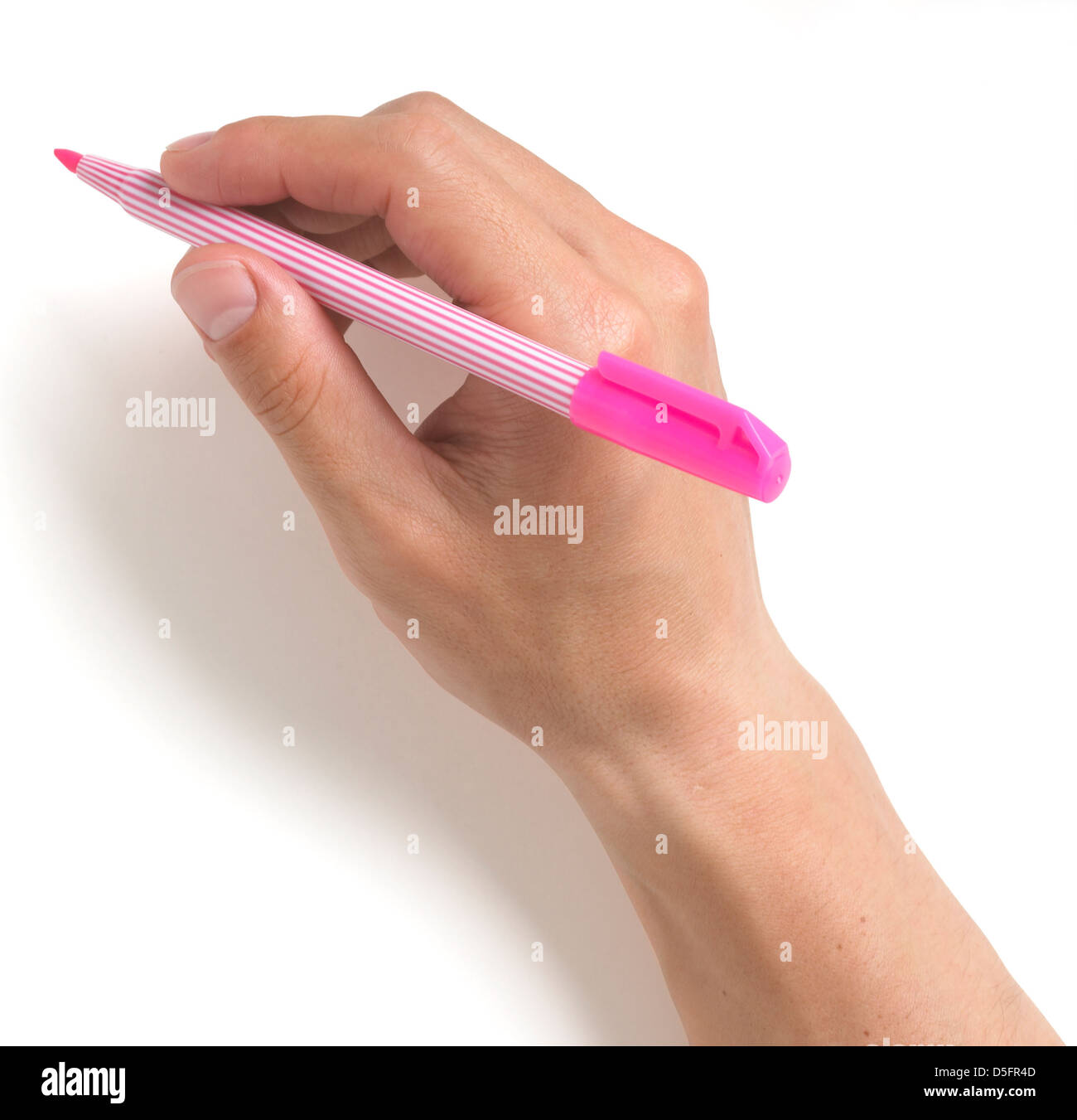 a hand with pen pencil writing on white with copy space and clipping path Stock Photo