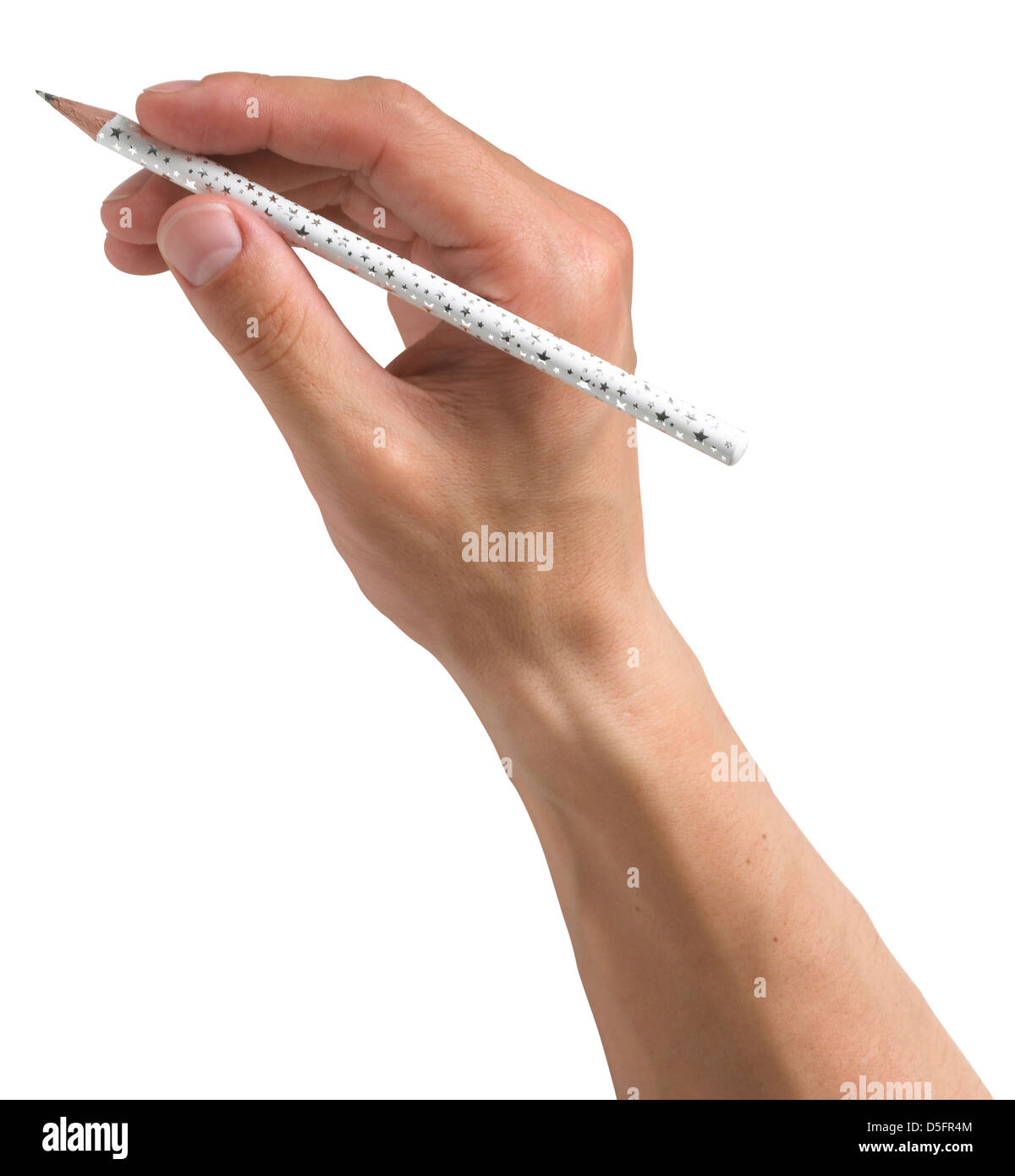 a hand with pen pencil writing isolated on white with copy space and clipping path Stock Photo