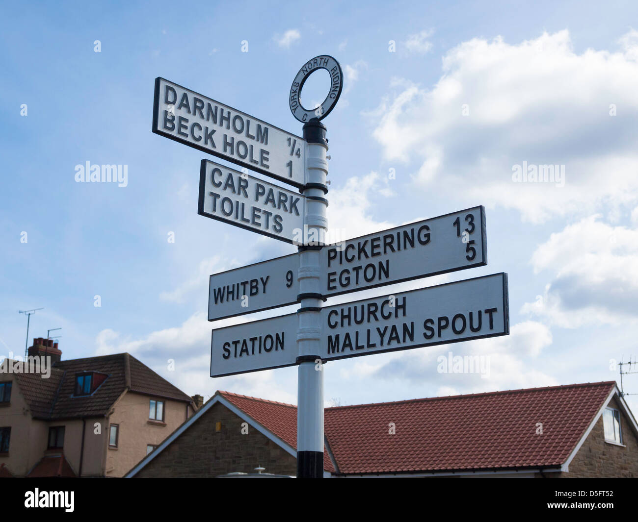 Signpost in the centre of the village of Goathland with directions to local amenities and surrounding towns and villages Stock Photo
