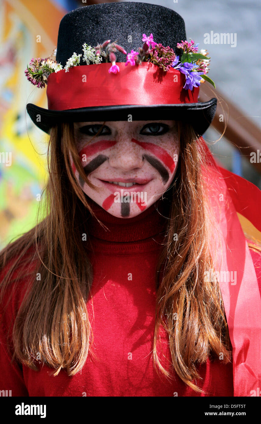 Girl dressed in costume at the Bolster pageant, St Agnes, Cornwall, England Stock Photo