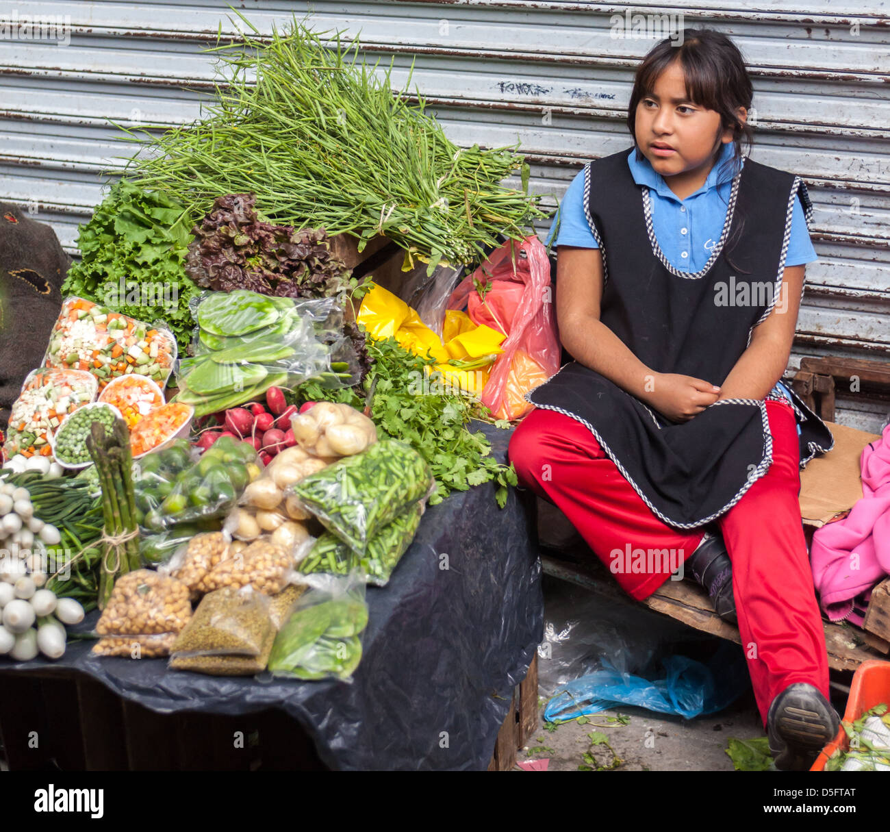 Young Mexican girl selling fruits and vegetables in a market in Queretaro, Mexico. Stock Photo