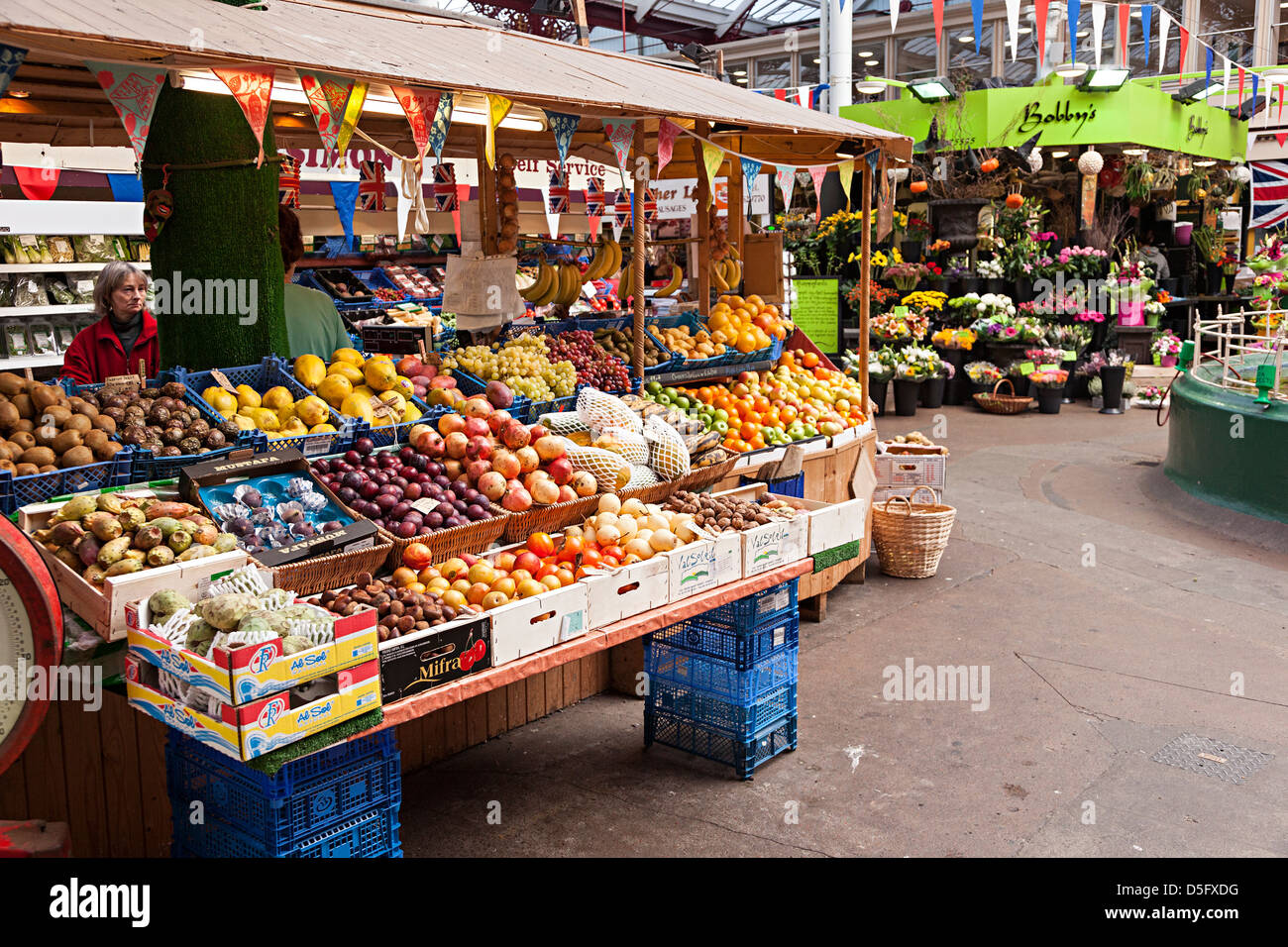 Fruit and veg on sale in indoor covered Central Market, St Helier