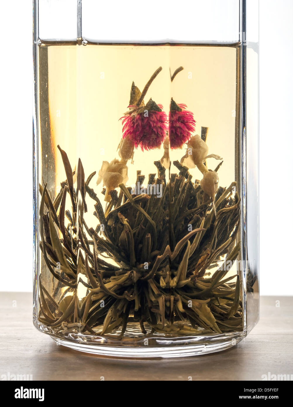 Green Chinese flower tea in the glass above white background Stock ...