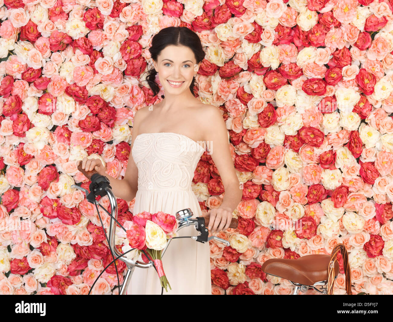 woman with bicycle and background full of roses Stock Photo - Alamy