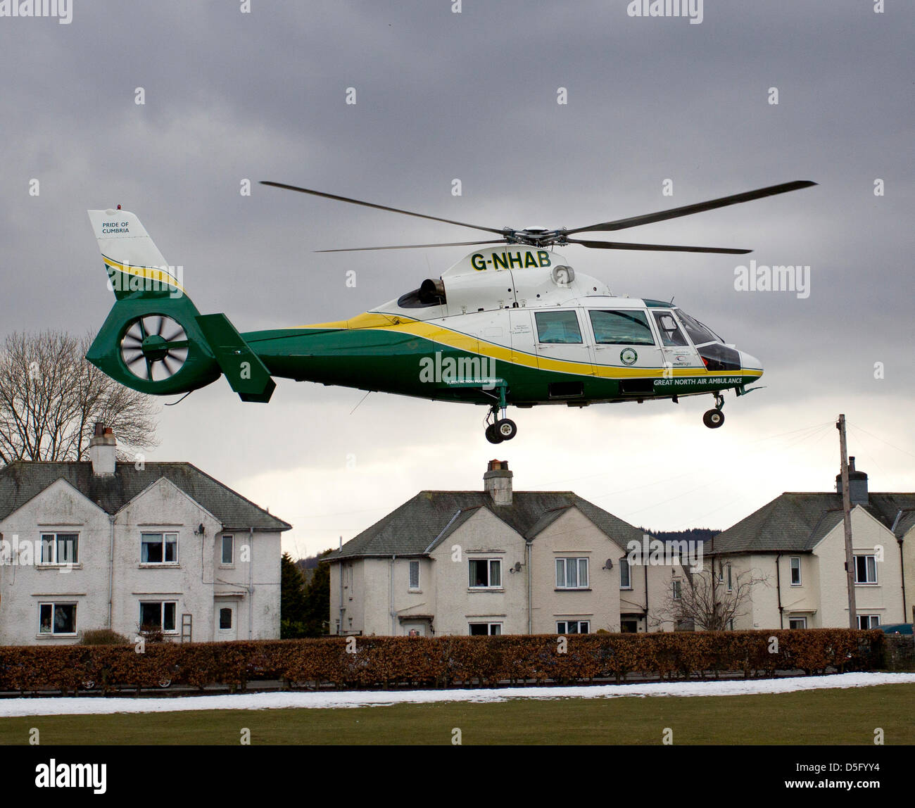 Great North Air Ambulance helicopter on call out at Windermere, Cumbria, UK, taken on 29th March 2013. Stock Photo