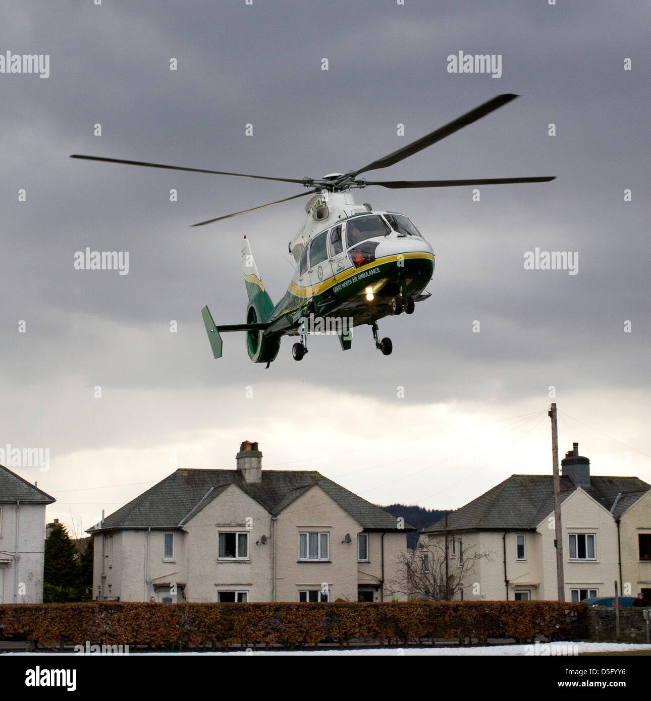 Great North Air Ambulance helicopter on call out at Windermere, Cumbria, UK, taken on 29th March 2013. Stock Photo