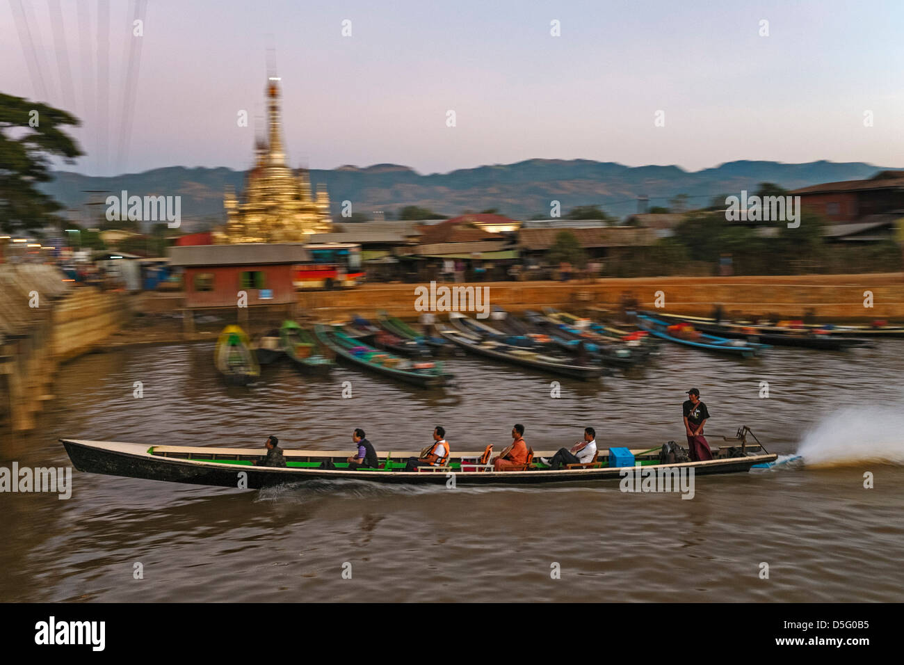 Longboat on canal to Inle Lake, Nyaung Shwe, Shan-State, Myanmar, Asia Stock Photo
