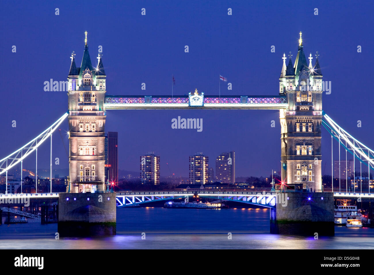 Tower Bridge and The River Thames at night, London, England Stock Photo