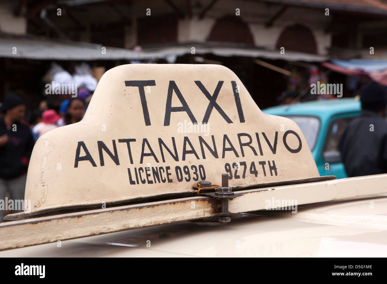 Madagascar, Antananarivo, Analakely Market, transport, taxi sign on top of cab Stock Photo