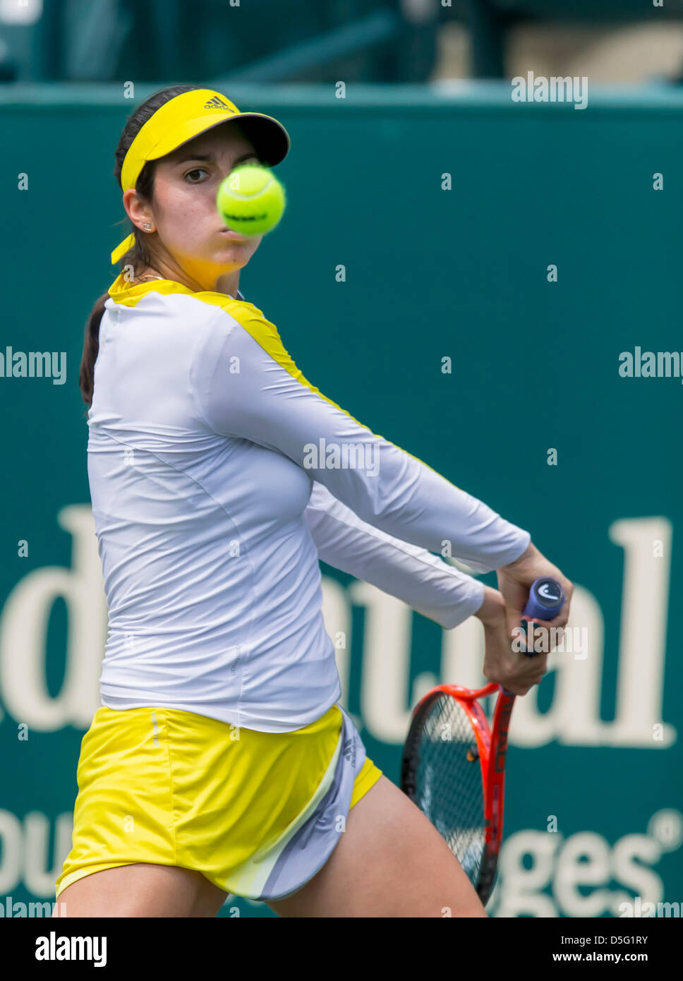 April 1, 2013 - Charleston, SC, U.S. - CHARESTON, SC - APR 01, 2013: Christina Mchale (USA) returns a volley from Varvara Lepchenko (USA) during first round play at the Family Circle Tennis Center in Charleston, SC. Lepchencko defeats Mchale 6-3, 4-6, 6-2. Stock Photo