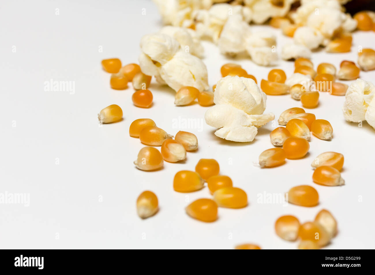 Popcorn and corn seeds rolling from a fallen bowl Stock Photo