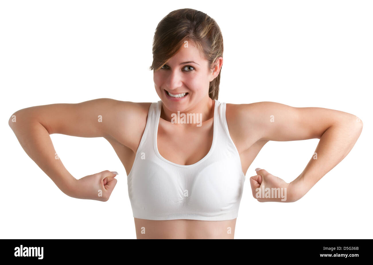 Funny female flexing her muscles, isolated in a white background Stock Photo