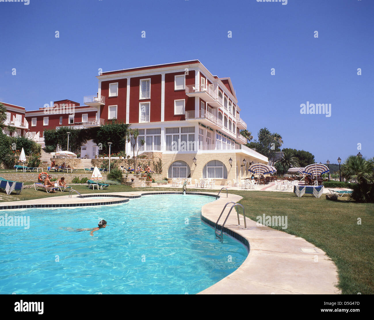 Swimming pool at Hotel Port Mahon Aveue, Port de Mao, Mahon (Maó-Mahón), Menorca (Minorca), Balearic Islands, Spain Stock Photo