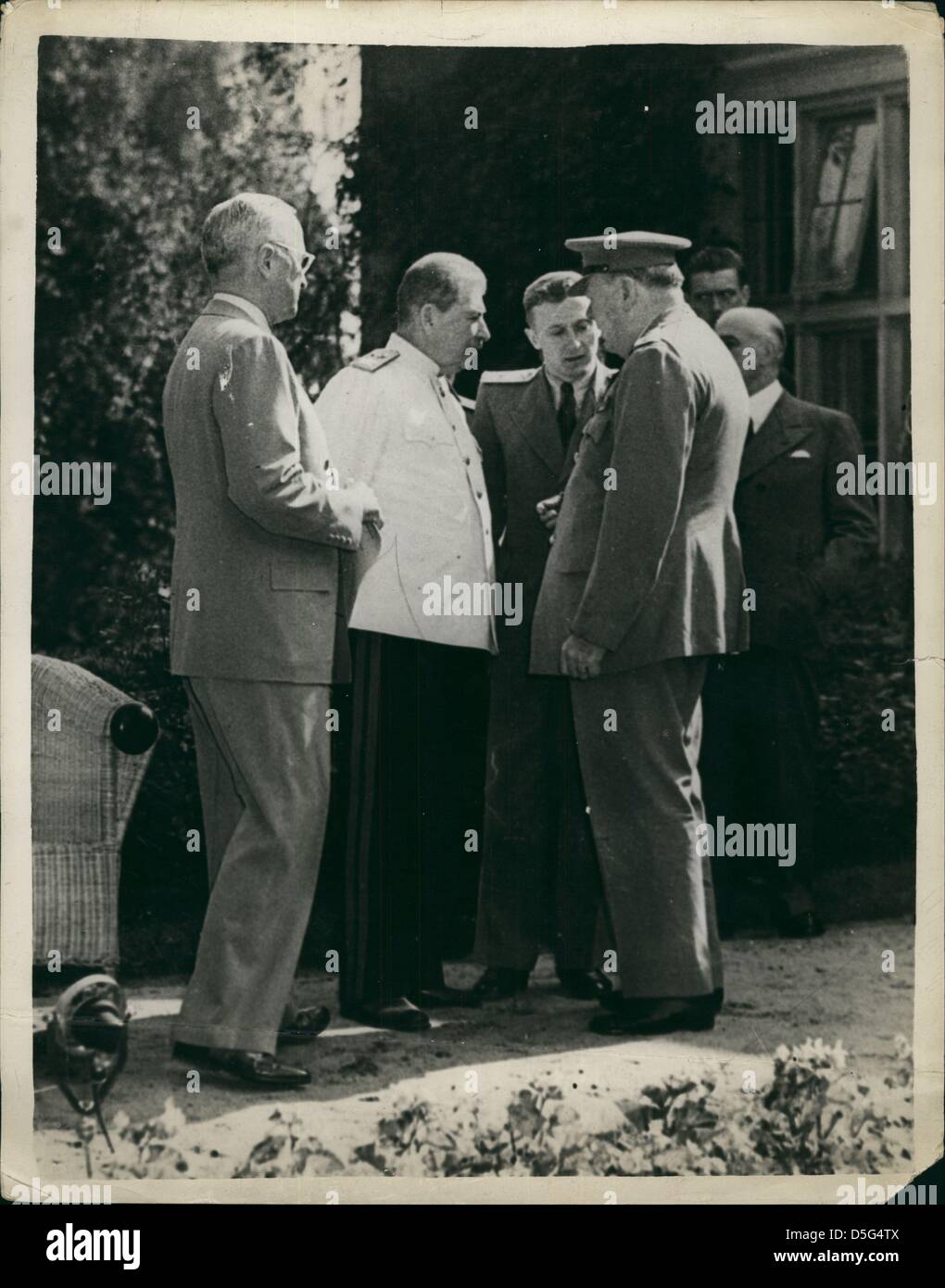 Jul 17, 1945 - Postdam, Germany - US President HARRY S. TRUMAN (L) with Russian Marshal JOSEPH STALIN (C), and British Prime Minister Sir WINSTON CHURCHILL at the Potsdam Conference. The 'Big Three' gathered to decide how to administer punishment to the defeated Nazi Germany, and to establish the post-war order. (Credit Image: © Keystone Pictures USA/ZUMAPRESS.com) Stock Photo