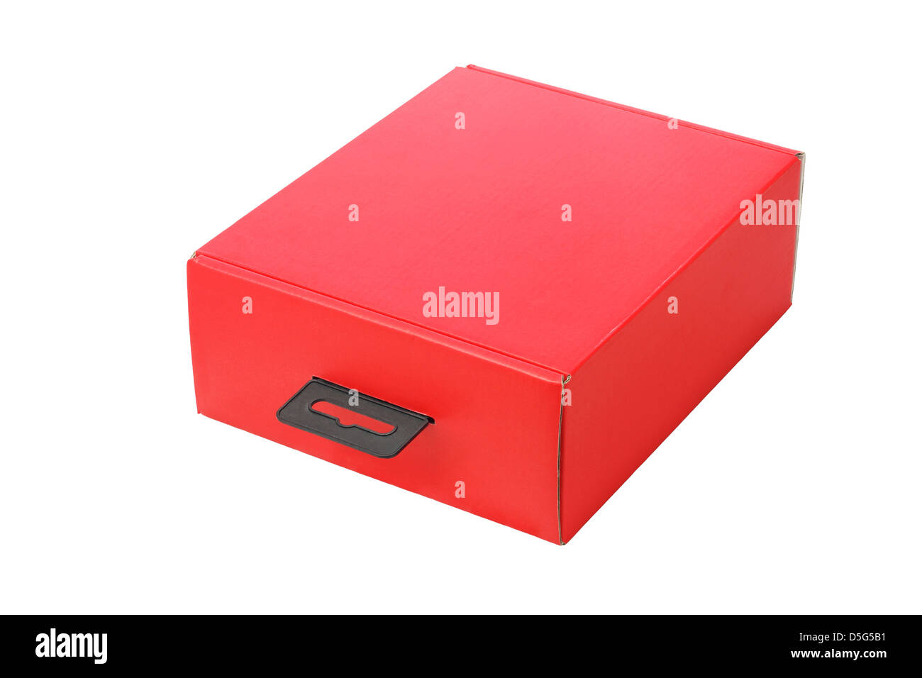 Red Box With Plastic Handle on White Background Stock Photo