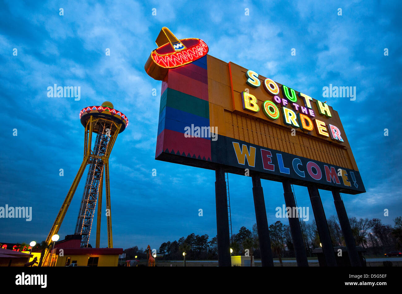 South of the Border lit up at night on interstate 95 in South Carolina Stock Photo