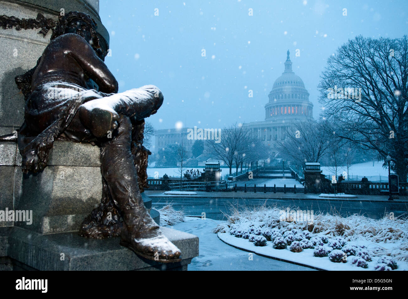 United States Capitol Building in winter snowstorm Stock Photo