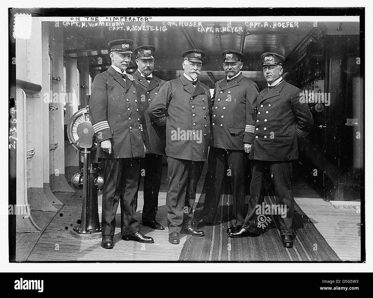 On the IMPERATOR, Capt. H. von Meibom, Com. Ruser, Capt. A. Hoefer, Capt. H. Schetelig, Capt. K. Meyer (LOC) Stock Photo