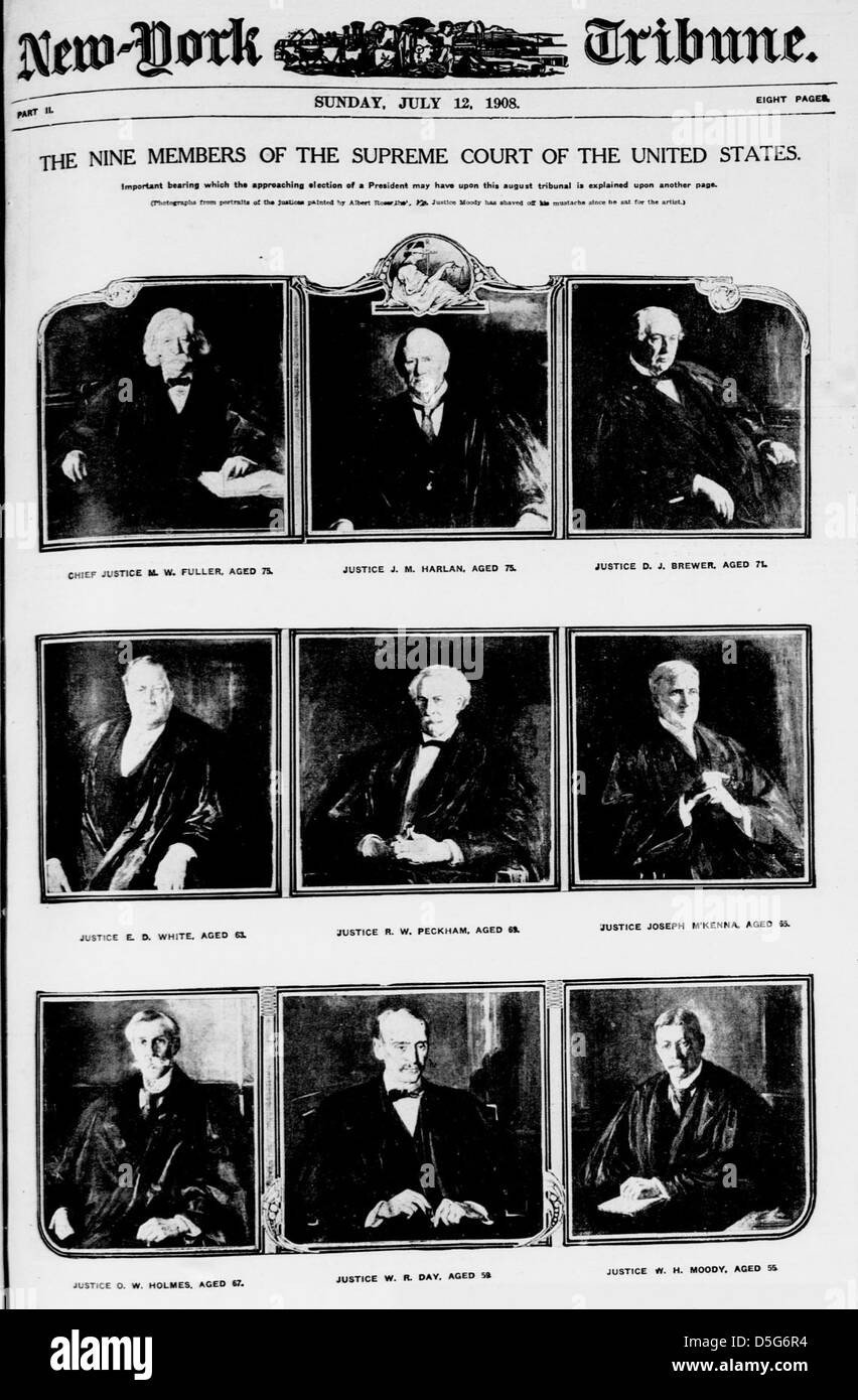 A historic photograph of the nine members of the United States Supreme Court in 1908, including Chief Justice Fuller, reflecting the judicial leadership of the time. Stock Photo
