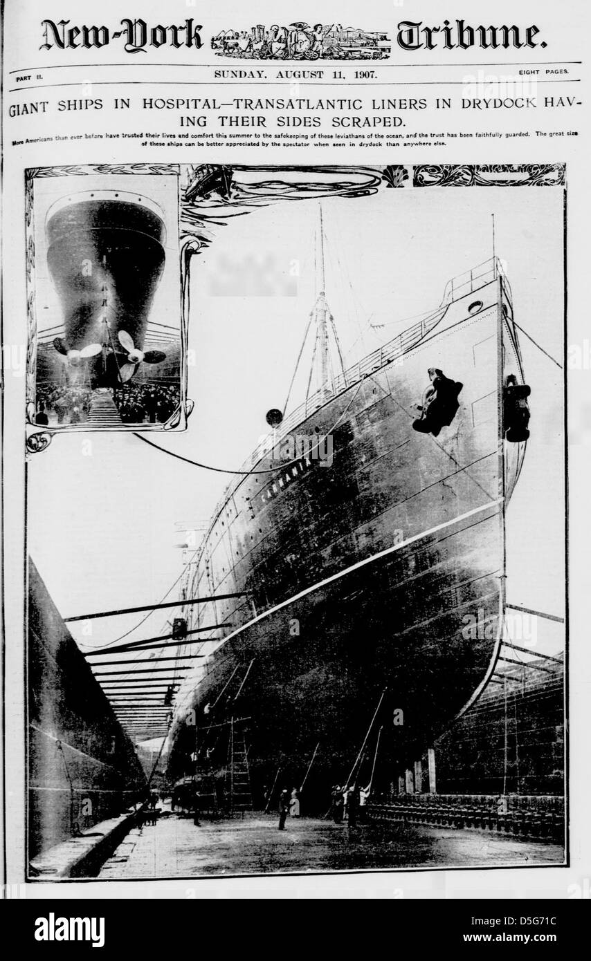Giant ships in hospital---transatlantic liners in dry dock having their sides scraped. (LOC) Stock Photo