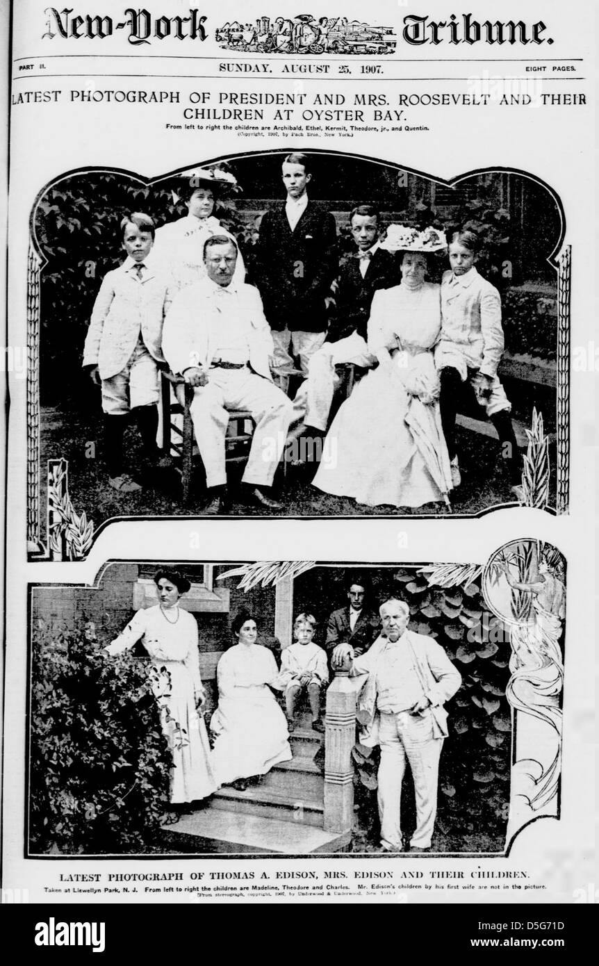Latest photograph of President and Mrs. Roosevelt and their children at Oyster Bay. Latest Photograph of Thomas A. Edison, Mrs. Edison and their Children. (LOC) Stock Photo
