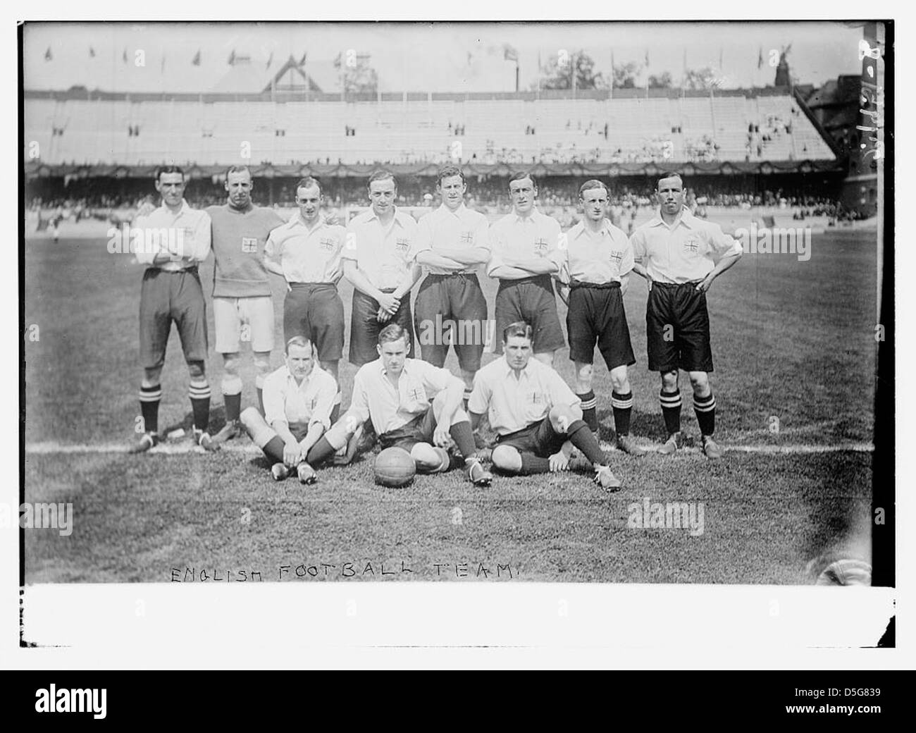 A portrait of the English football team, showcasing the players in their kit. The image reflects the team’s early history in international football during the early 20th century. Stock Photo