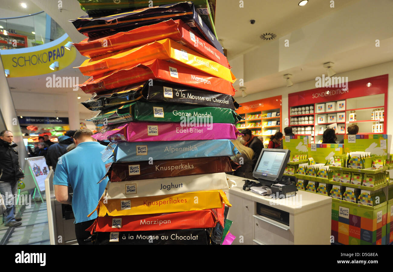 Giant chocolate Rittersport bars are featured at a shop of Ritter Sport in  the street 'Franzoesische Strasse' in Berlin, Germany, 28 March 2013. More  and more manufacturers represent their brand in own