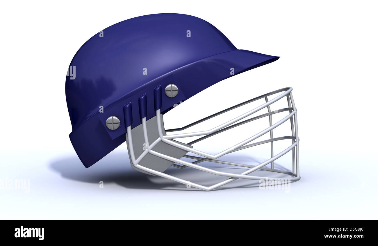 A regular blue plastic cricket helmet with a metal grill on an isolated