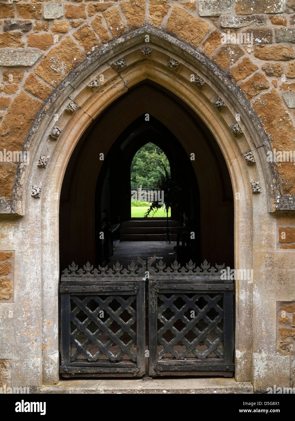 Open Church porch and doors, St James Church, Little Dalby, Melton Mowbray, Leicestershire, England, UK Stock Photo