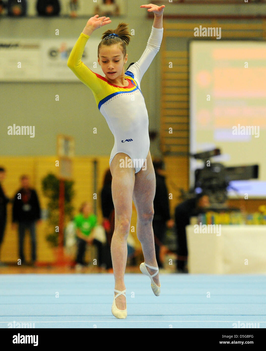 The Romanian gymnast Andreea Iridon on the floor at an international